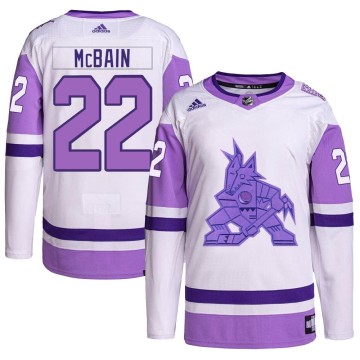 Authentic Adidas Men's Jack McBain Arizona Coyotes Hockey Fights Cancer Primegreen Jersey - White/Purple