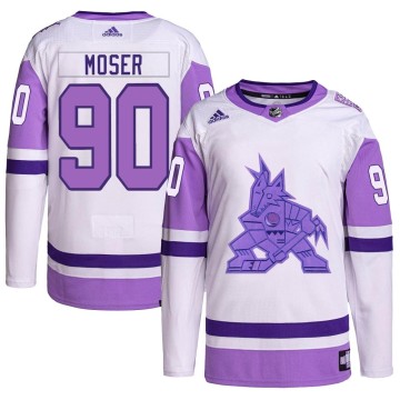 Authentic Adidas Men's J.J. Moser Arizona Coyotes Hockey Fights Cancer Primegreen Jersey - White/Purple