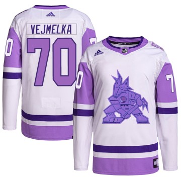 Authentic Adidas Men's Karel Vejmelka Arizona Coyotes Hockey Fights Cancer Primegreen Jersey - White/Purple