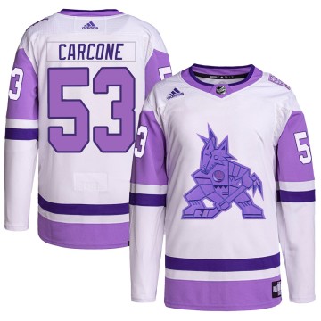 Authentic Adidas Men's Michael Carcone Arizona Coyotes Hockey Fights Cancer Primegreen Jersey - White/Purple