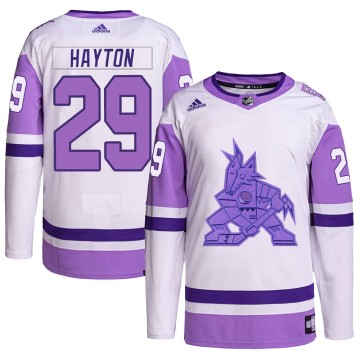 Authentic Adidas Youth Barrett Hayton Arizona Coyotes Hockey Fights Cancer Primegreen Jersey - White/Purple